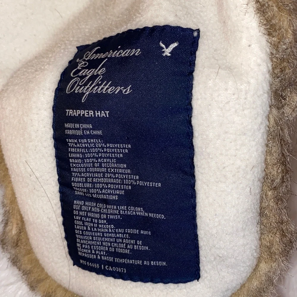 American Eagle Faux Fur Brown, Beige & Black Unisex Trapper Hat Pom Pom Tie-OS